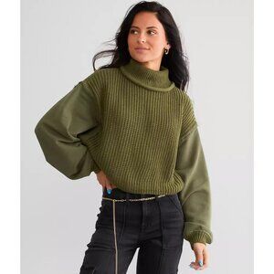 Easel Women's Ribbed Knit Crop Sweater Small Olive Green Oversized Cotton Blend
